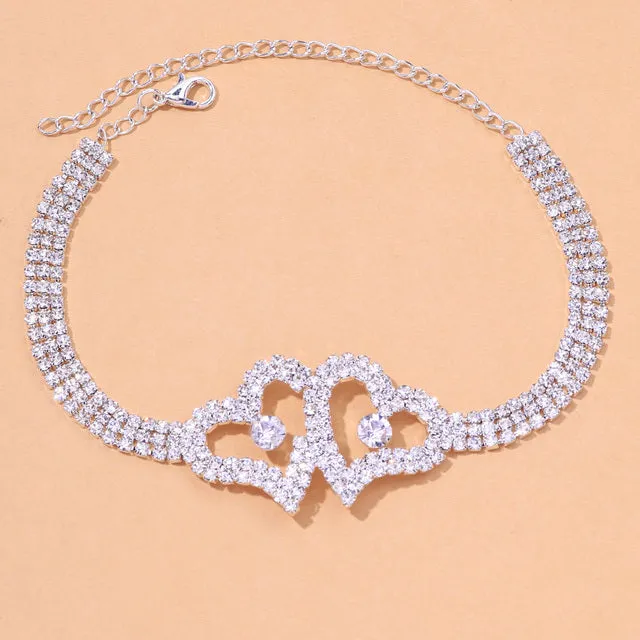 Rhinestone Double Heart Anklet for Women Hollow Out Love Foot Anklet