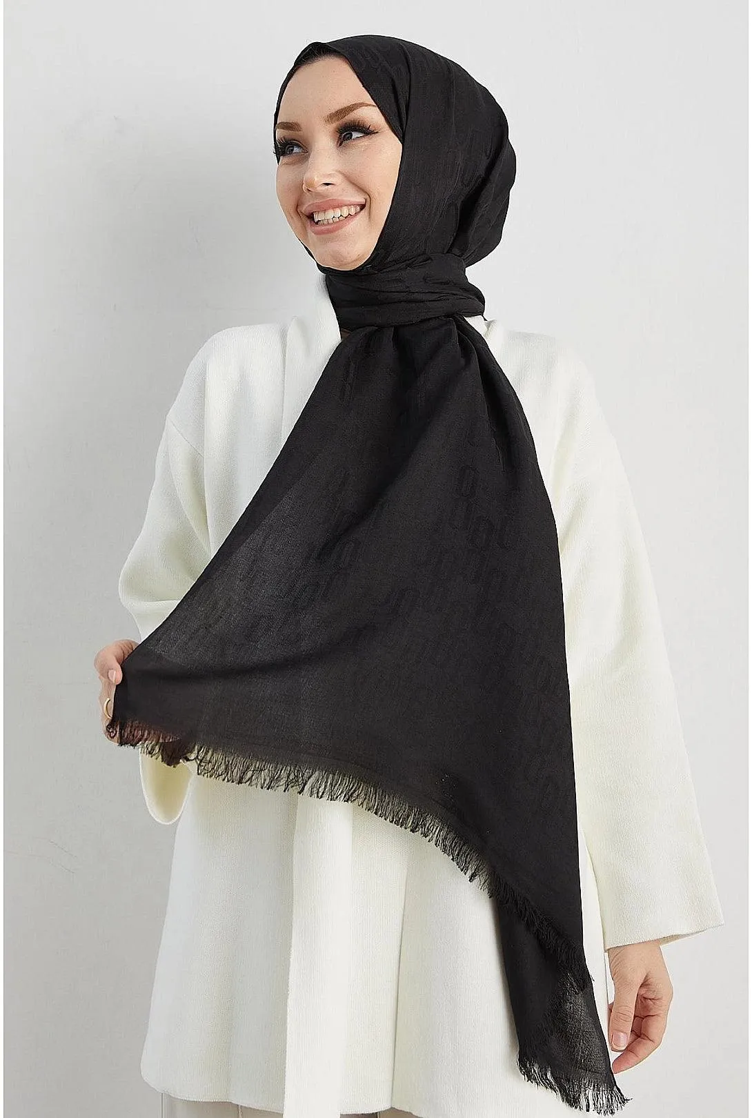 Silky Black Hijab Scarf Shawl with Chain Pattern - Black