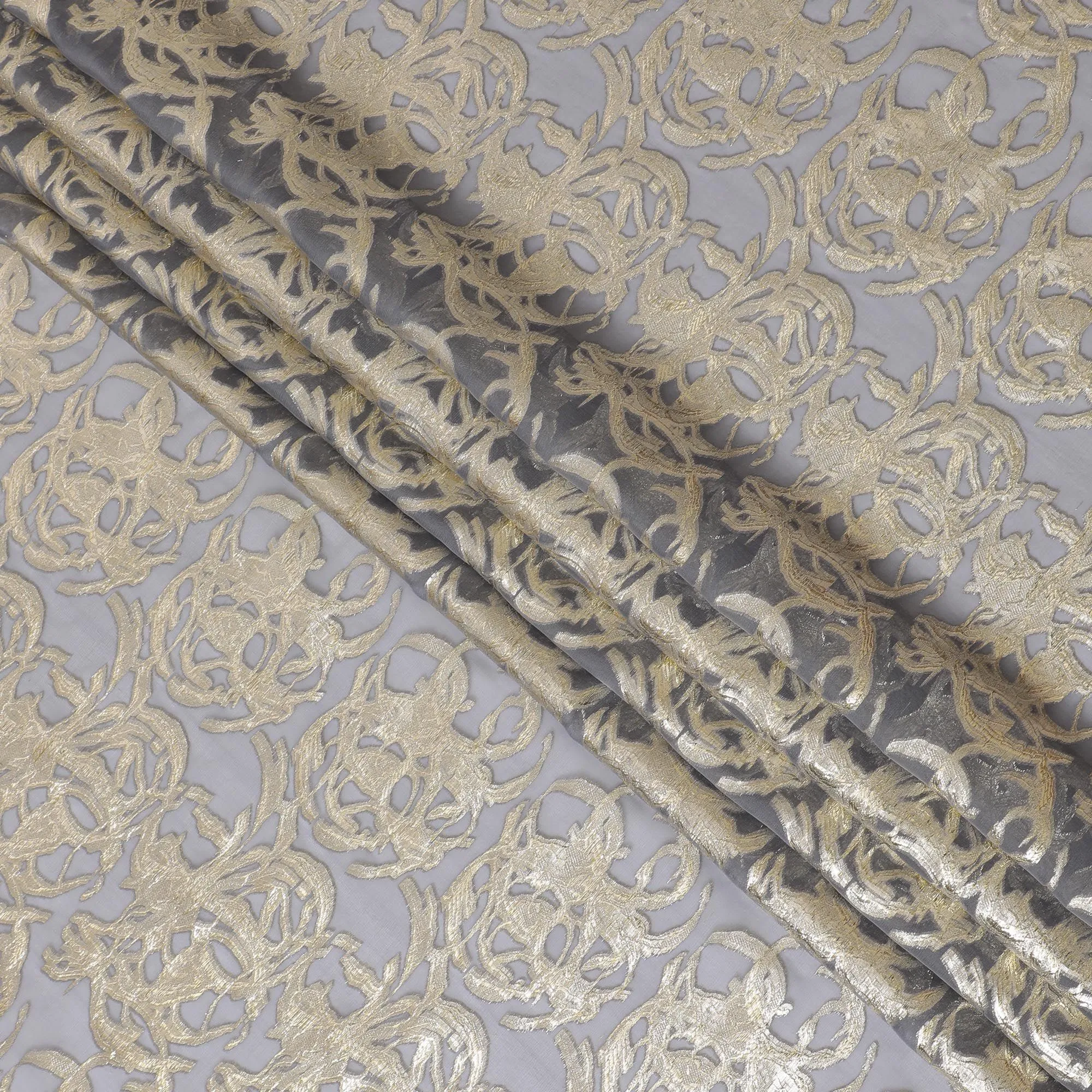 Silver Gray Pure Silk Chiffon with Gilded Lurex Detail, 110cm Width - Exquisitely Woven in South Korea-D17908