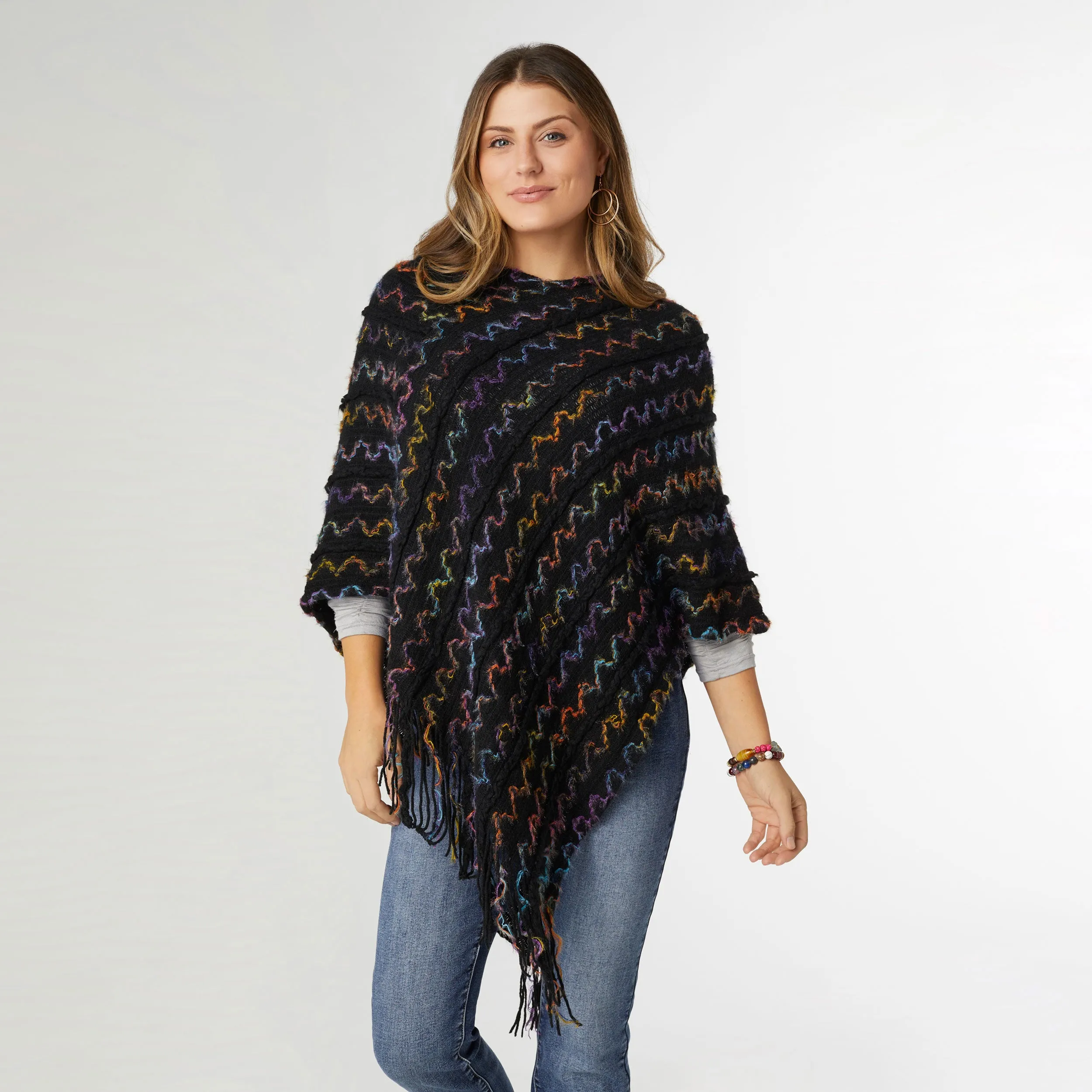 Tillie Brushed Braided Stripe Poncho - Black