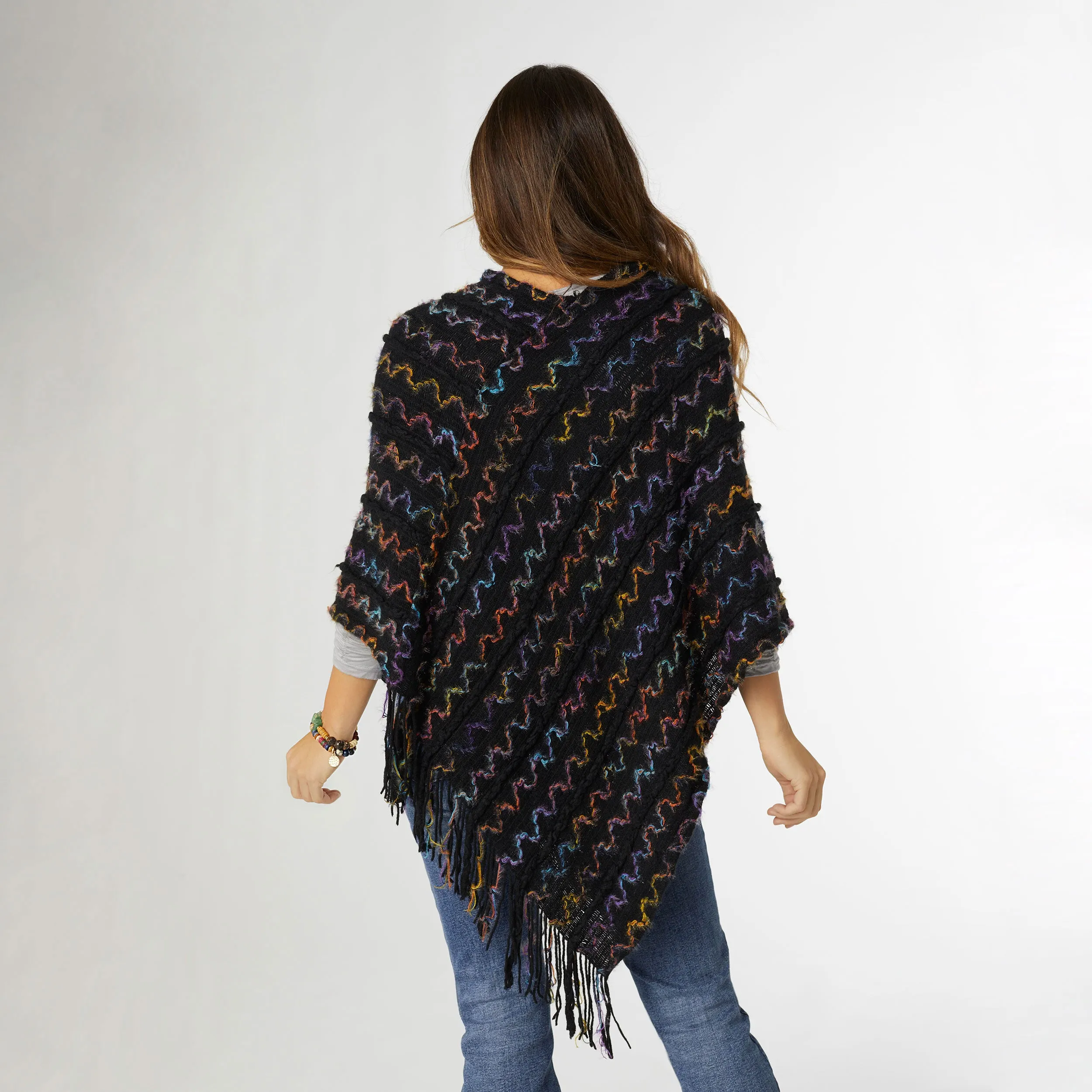 Tillie Brushed Braided Stripe Poncho - Black