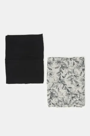 Women Black And Grey Solid And Printed Pashmina Scarf (Pack of 2)