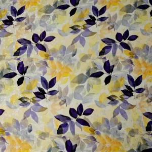 Yellow and Purple Leaf Print Pure Silk Satin Fabric, 140 cm Width, Made in Italy -D21158