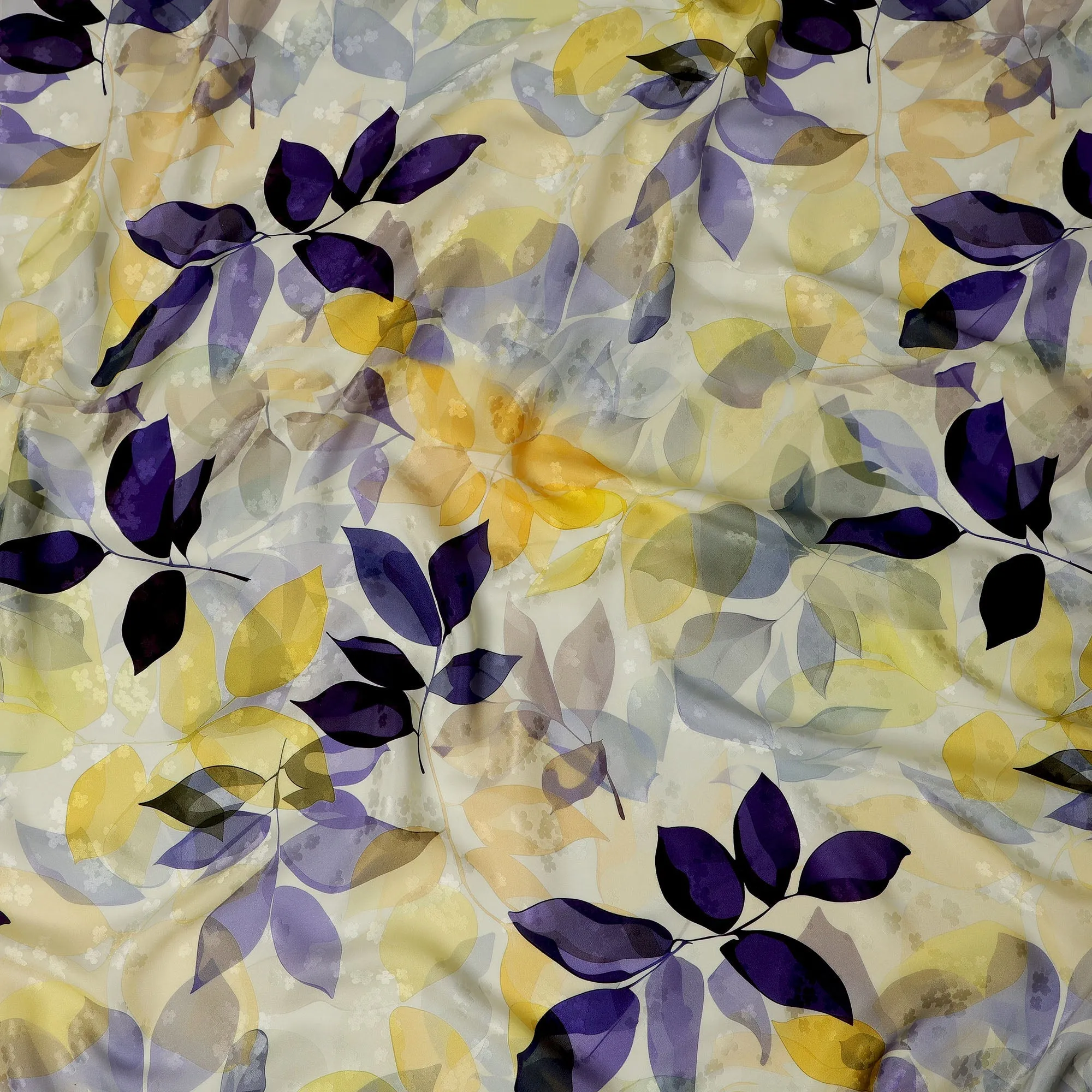 Yellow and Purple Leaf Print Pure Silk Satin Fabric, 140 cm Width, Made in Italy -D21158